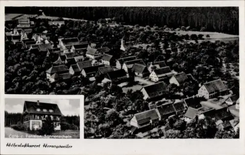 Ak Herzogsweiler Pfalzgrafenweiler im Schwarzwald, Luftaufnahme von Herzogweiler, Café Pension So