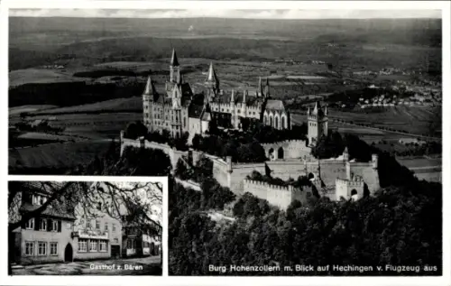 Ak Hechingen im Zollernalbkreis, Burg Hohenzollern, Gasthof z. Bären, Flugzeugaufnahme