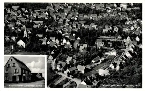 Ak Menzingen Kt Zug Schweiz, Luftaufnahme von  Kolonialwaren u. Bäckerei Bürkle