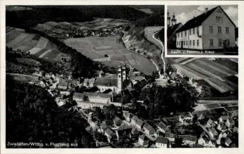Ak Zwiefalten in Württemberg, Luftaufnahme von  Gasthof zum Kreuz, ländliche Umgebung