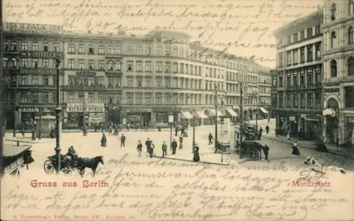 Ak Berlin Kreuzberg, Moritzplatz, Geschäftshäuser, Kutsche