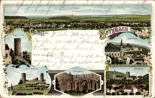 Litho Butzbach im Taunus Hessen, Hexenturm, Münzenberg, Arnsburg, Gleeberg, Kranzberg