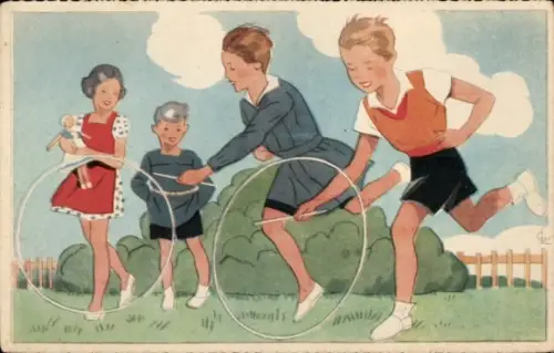 Künstler Ak Kinder, Reifenspiel