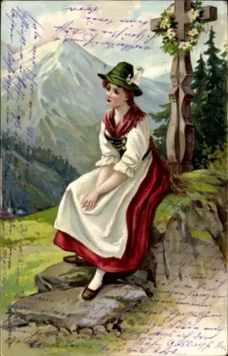 Litho Verlassen bin i, Frau in Tracht