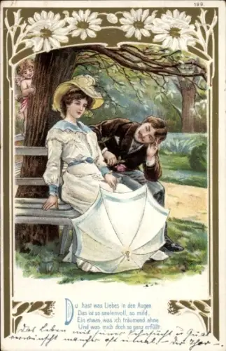 Präge Litho Liebespaar, Park, Sitzbank, Sonnenschirm, Du hast was Liebes in den Augen...