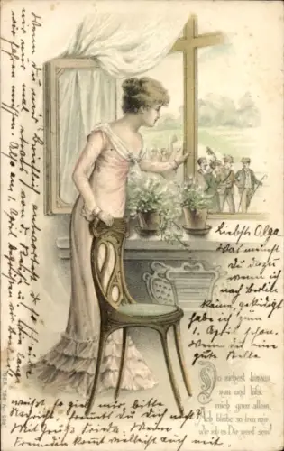 Litho Frau am Fenster, Abschied, Blumen