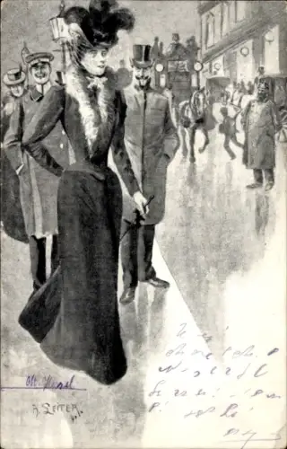Künstler Ak Leiter, H., elegante Frau mit Hut, Kutsche, Passanten