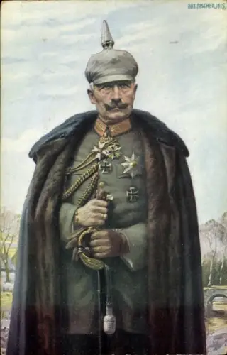 Künstler Ak Fischer, Art., Kaiser Wilhelm II., Portrait in Uniform, Mantel, Pickelhaube