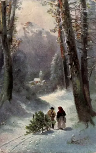 Ak Frohe Weihnachten, Kirche, Tannenbaum, Schlitten