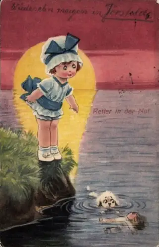 Ak Retter in der Not, Mädchen, Hund, Puppe
