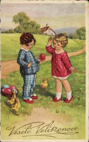 Ak Glückwunsch Ostern, Kinder, Küken, Ostereier