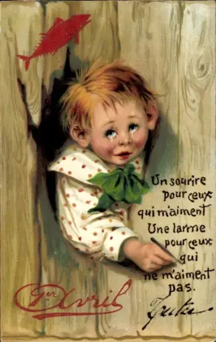 Künstler Ak 1. April, Fisch, weinendes Kind