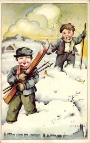 Künstler Ak Kotylan, C., Kinder auf Skiern