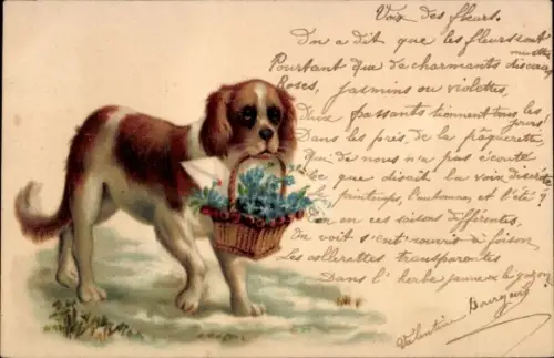 Litho Hund mit Blumenkorb im Maul, Grüße