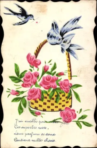 Ak Schwalben, Blumenkorb, Kitsch