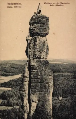 Ak Sächsische Schweiz, Barbarine, Kletterer beim Abseilen, Pfaffenstein