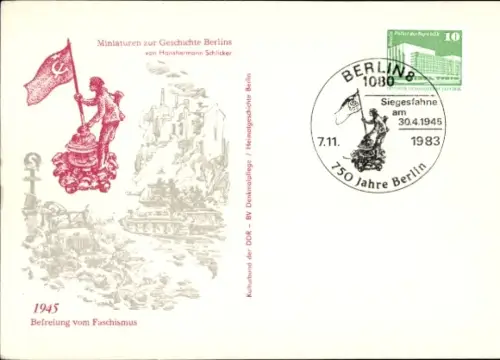 Ak Berlin, 1945 Befreiung v. Faschismus, Sowjetischer Soldat m. UDSSR Fahne, Panzer, Trümmer