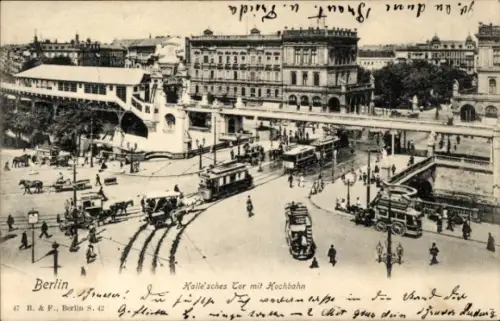 Ak Berlin Kreuzberg , Hallesches Tor mit Kochhaus, historische Ansicht, Straßenbahn, Pferdekut...