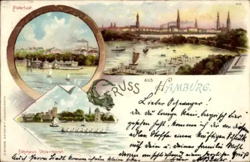 Litho Hamburg Mitte Altstadt, Alsterlust, Fährhaus Uhlenhorst, Alster, Panorama