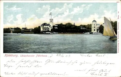 Ak Hamburg Nord Uhlenhorst, Uhlenhorster Fährhaus, Blick vom Wasser aus, Segelboot
