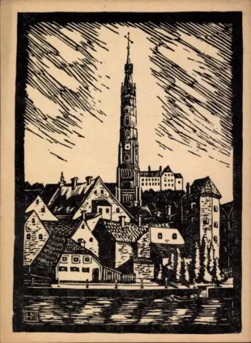 Künstler Ak Hamm, Jos., Landshut in Niederbayern, Röcklturm, Martinskirche
