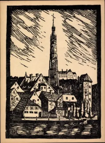Künstler Ak Hamm, Jos., Landshut in Niederbayern, Röcklturm, Martinskirche
