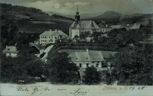 Mondschein Ak Zöbern in Niederösterreich, Totalansicht der Ortschaft, Kirche