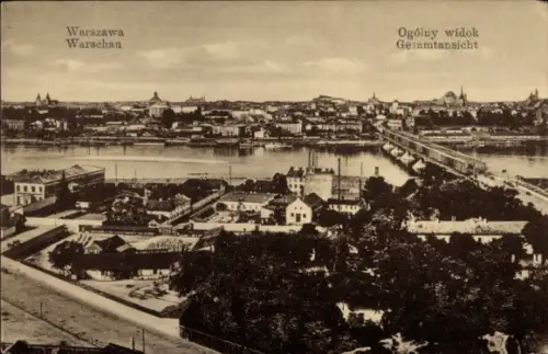 Ak Warszawa Warschau Polen, Gesamtansicht von  Fluss, Brücke, Stadtansicht