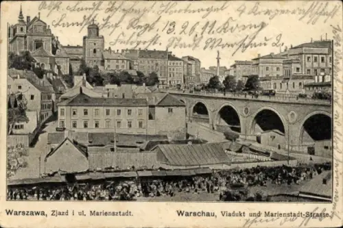 Ak Mariensztat Warszawa Warschau Polen,  Viadukt, Marienstadtstraße, Menschenmenge, Brücke