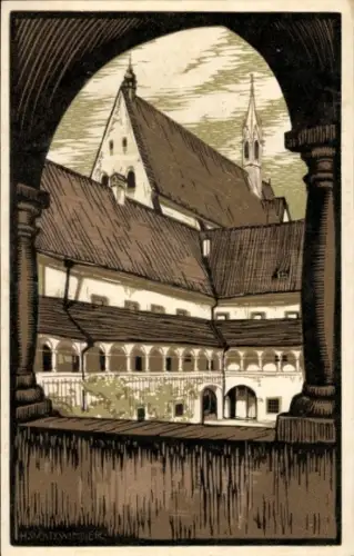 Künstler Ak Gaming in Niederösterreich, Bibliothekshof, Blick durch den Arkadengang, Kirche