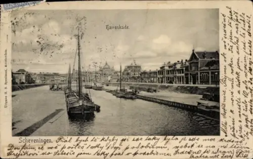 Ak Scheveningen Den Haag Südholland, Hafenansicht, Boote,  Text in niederländischer Sprache