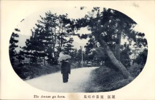 Ak Japan, Awazu ga hara, Person mit Schirm auf einem Weg
