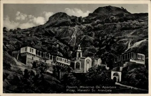 Ak Prilep Mazedonien, Kloster Sv. Arandjela,  Berglandschaft, Schwarz-Weiß, Serbische Schrift