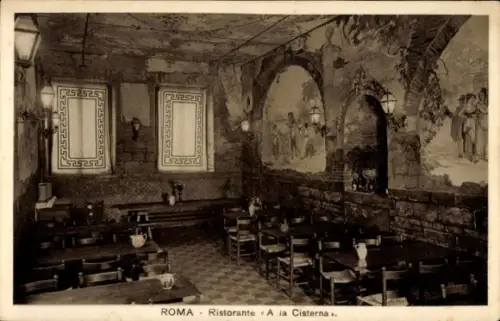 Ak Roma Rom Lazio, Restaurant Innenansicht, Tische und Stühle, Wandmalereien, italienische Speise