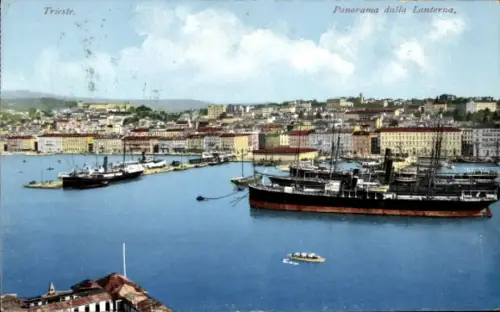 Ak Triest Trieste Friuli Venezia Giulia, Hafenansicht, Schiffe, Stadtansicht,  Panorama