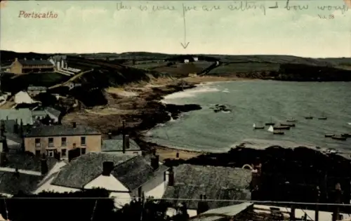 Ak Portscatho Cornwall England, Blick zum Hochufer, Häuser
