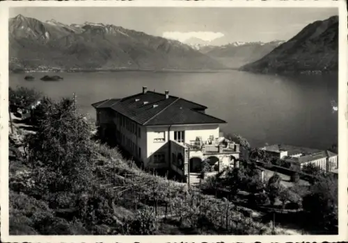 Ak Brissago Lago Maggiore Kanton Tessin, Landschaft mit See, Bergpanorama, Casa di Cura San Giorg