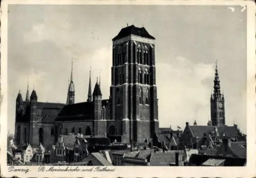 Ak Gdańsk Danzig,  St. Marienkirche, Rathaus, Schwarz-Weiß-Foto