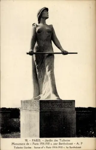 Ak Paris I Louvre, Jardin des Tuileries, Monument Paris 1914-1918, Bartholomé