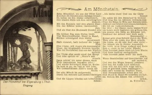 Ak Elgersburg in Thüringen, Mönchhof, Eingang, Gedicht von A. Trinius, vier Menschenkinder