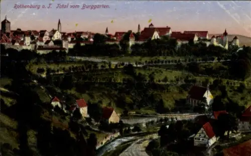 Ak Rothenburg ob der Tauber Mittelfranken, Stadtansicht, Burggarten, Fluss, Häuser, Bäume