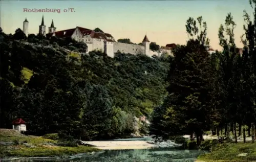 Ak Rothenburg ob der Tauber Mittelfranken, Rothenburg o/T., Landschaft mit Fluss, Bäume, Burg,  G