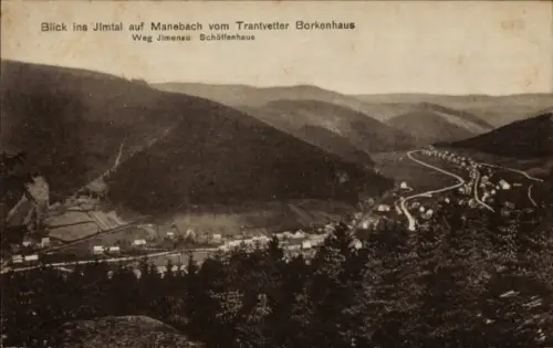 Ak Manebach Ilmenau in Thüringen, Blick ins Ilmtal vom Trantvetter Borkenhaus
