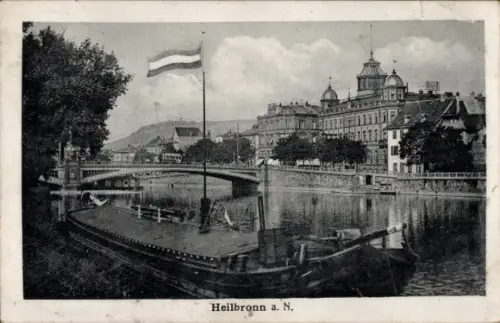 Ak Heilbronn am Neckar, Teilansicht, Frachtschiff, Brücke
