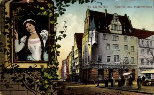 Ak Heilbronn am Neckar, Frau mit Blumen, Kätchenhaus,  Stadtansicht