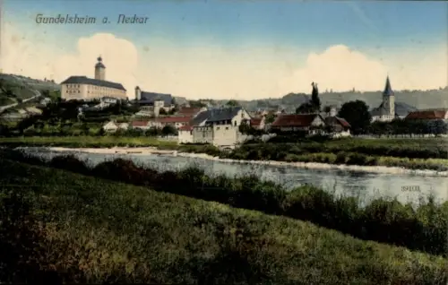 Ak Gundelsheim am Neckar Württemberg,  Flusslandschaft, Gebäude, Kirche