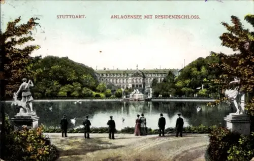 Ak Stuttgart in Württemberg,  Anlagensee, Residenzschloss, Figuren, Parklandschaft