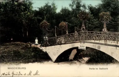 Ak Magdeburg an der Elbe, Brücke im Stadtpark,  Bäume, Blumenampeln, Person