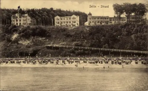 Ak Ostseebad Sellin auf Rügen,  Strand, Strandkörbe, Bäume, Villen