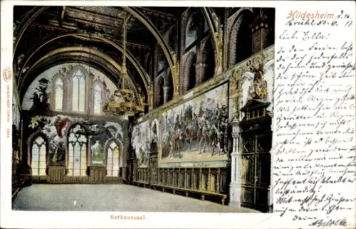 Ak Hildesheim in Niedersachsen, Rathaussaal,  Wandmalereien, große Fenster, dekorative Elemente